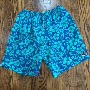 Vintage Gecko Blue Hawaiian Floral Print Cotton Shorts with elastic Size Large